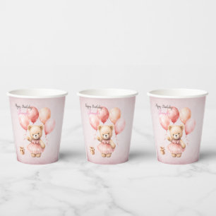 Teddy Bear Pink Watercolor Girls Birthday Paper Cups