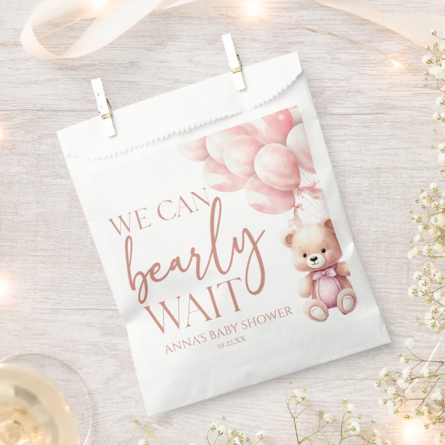 Teddy Bear Pink We Can Bearly Wait Baby Shower Favour Bag (Clipped)