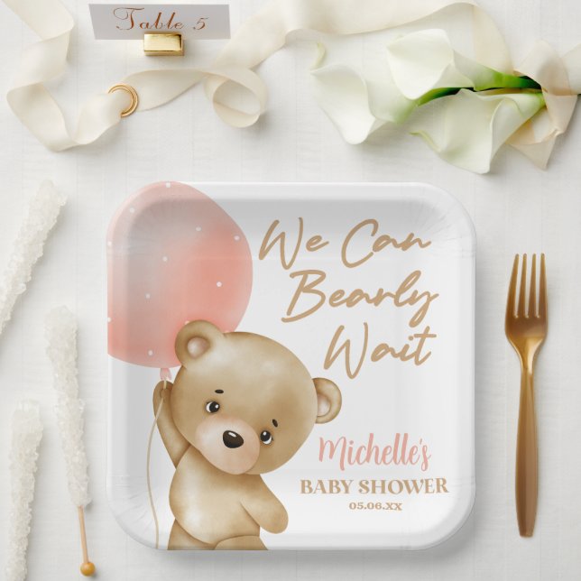 Teddy Bear Pink We Can Bearly Wait Baby Shower Paper Plate (Wedding)