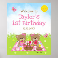 Teddy Bear Pique-nique rose Affiche de bienvenue d