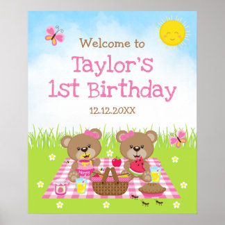 Teddy Bear Pique-nique rose Affiche de bienvenue d