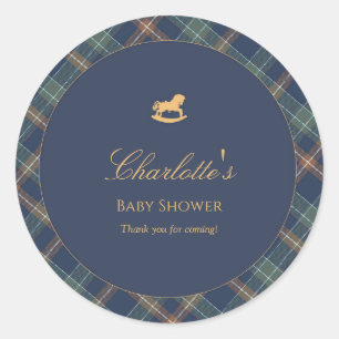 Teddy Bear Plaid Boy Baby Shower  Classic Round Sticker
