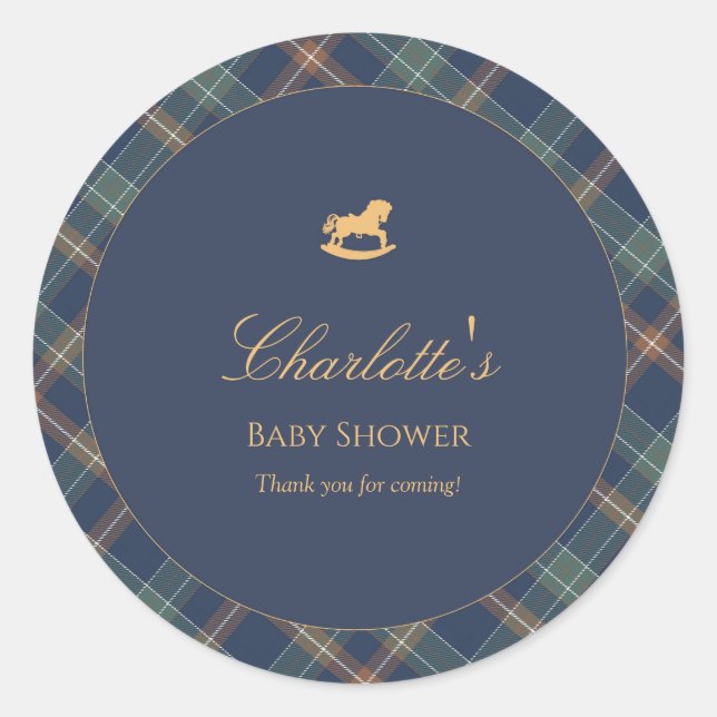 Teddy Bear Plaid Boy Baby Shower  Classic Round Sticker (Front)