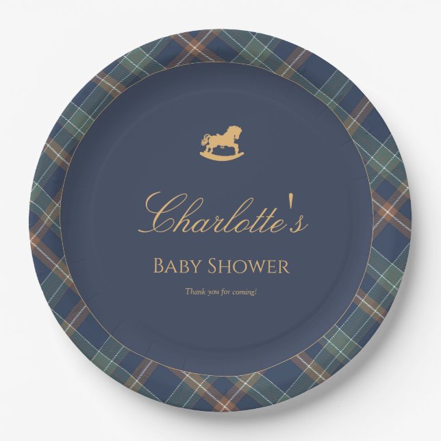 Teddy Bear Plaid Boy Baby Shower Paper Plate (Front)