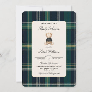 Teddy Bear Plaid Elegant Baby Shower Boy Invitation