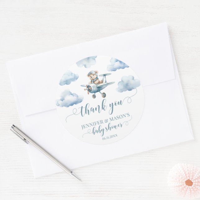 Teddy bear plane thank you baby boy round stickers (Envelope)