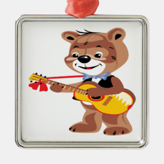 Teddy bear playing a guitar metal ornament