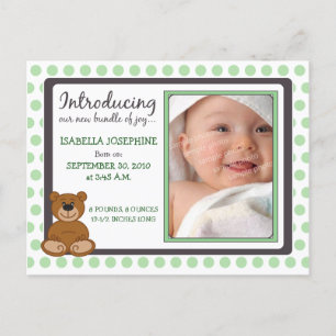 Teddy Bear Polkadot Baby Birth Announcement (mint) Postcard