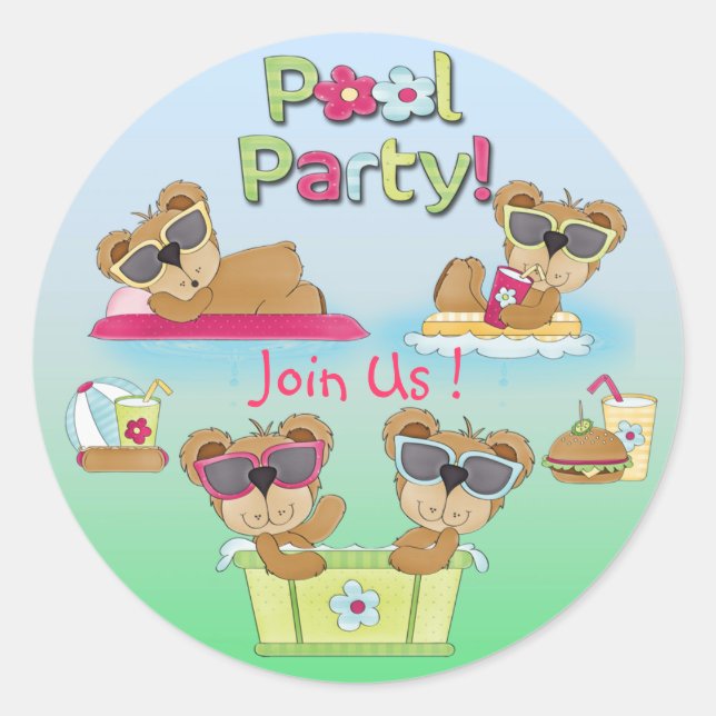 Teddy Bear Pool Party Invitation Envelope Seals (Front)