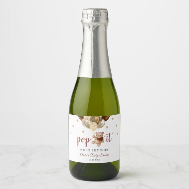 Teddy Bear Pop It When She Pops Baby Shower Gift Sparkling Wine Label (Front)