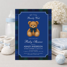 Teddy Bear Preppy Blue Plaid Boy Baby Shower 