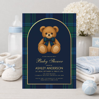 Teddy Bear Preppy Boy Baby Shower Blue Plaid Arch Invitation