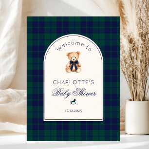 Teddy bear Preppy Plaid Baby Shower Welcome Poster