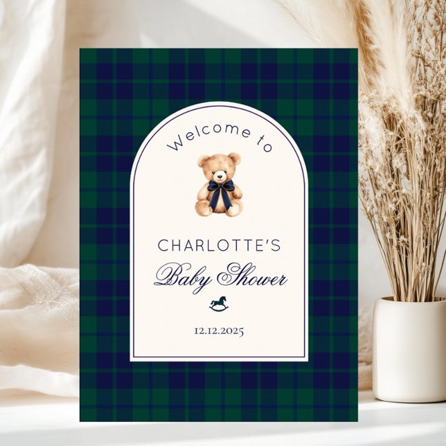 Teddy bear Preppy Plaid Baby Shower Welcome Poster (Creator Uploaded)