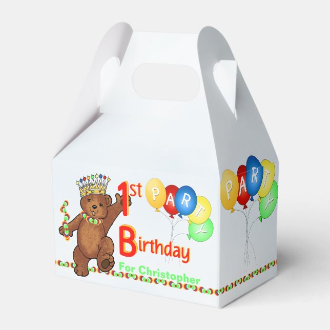 Teddy Bear Prince 1st Birthday Party Custom Favor Box (Front Side)
