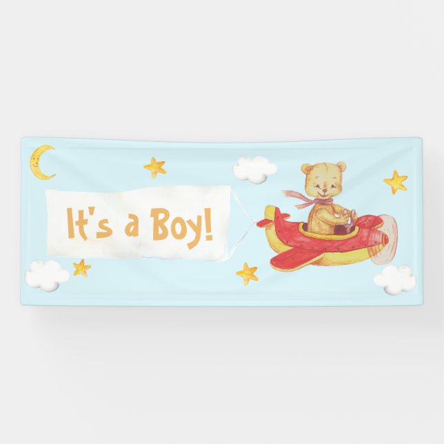 *~* Teddy Bear Pulling It's a Boy Stars Moon Baby Banner (Horizontal)