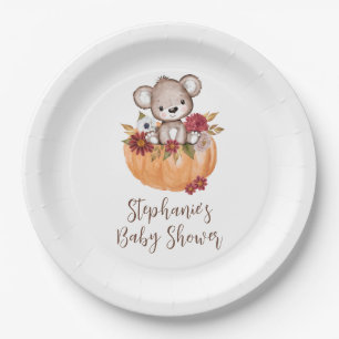 Teddy Bear Pumpkin Fall Floral Baby Shower Paper Plate