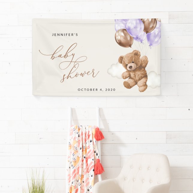 Teddy Bear, Purple Balloons, Baby Shower Welcome Banner (Insitu)