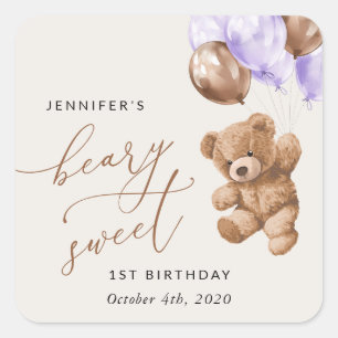 Teddy Bear, Purple Balloons, First Birthday Square Sticker