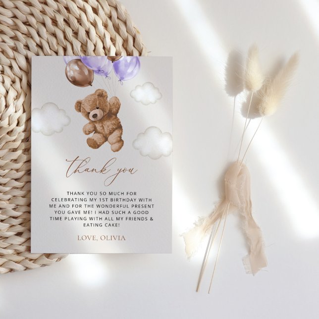 Teddy Bear, Purple Balloons, First Birthday Thank You Card (Creator Uploaded)