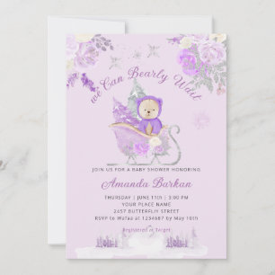 Teddy Bear purple floral Bearly Wait Baby Shower  Invitation