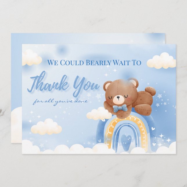 Teddy Bear Rainbow Boys Baby Shower Thank You Card (Front/Back)