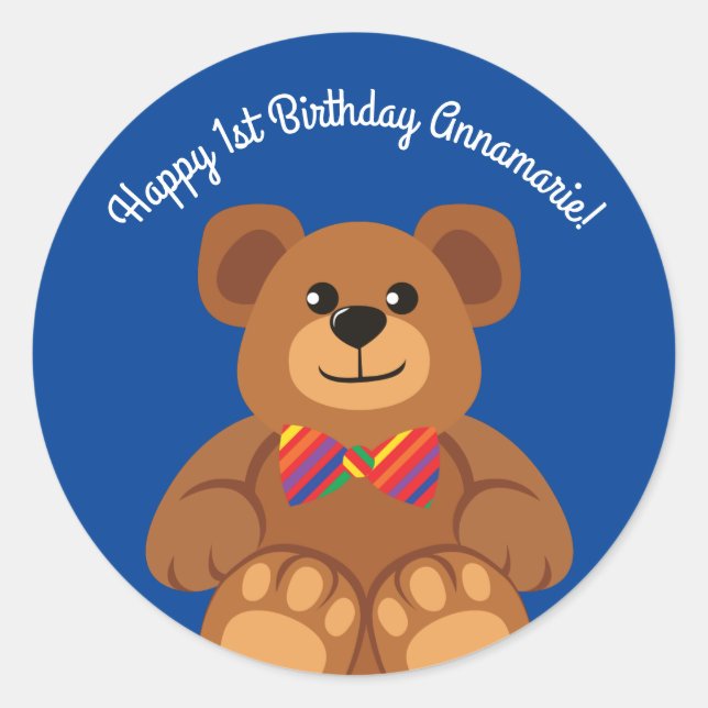 Teddy Bear Rainbow Cute 1st Birthday Party Classic Round Sticker (Front)