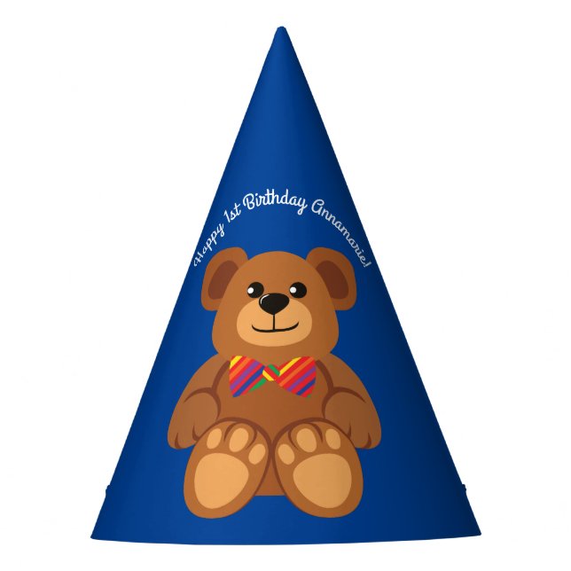 Teddy Bear Rainbow Cute 1st Birthday Party Hat (Front)