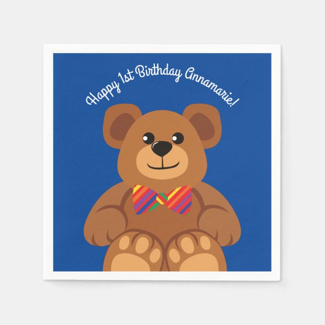 Teddy Bear Rainbow Cute 1st Birthday Party Napkin (Front)