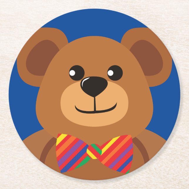 Teddy Bear Rainbow Cute 1st Birthday Party Round Paper Coaster (Front)