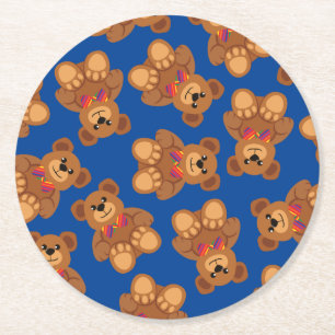 Teddy Bear Rainbow Cute 1st Birthday Party Round Paper Coaster