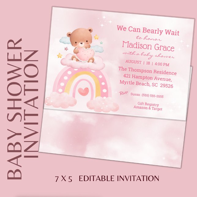 Teddy Bear Rainbow Girls Baby Shower Invitation (Creator Uploaded)