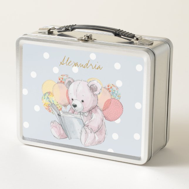 Teddy Bear reading a book Baby in Bloom Metal Lunch Box (Front)