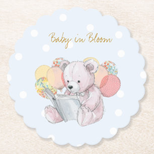 Teddy Bear reading a book Baby in Bloom Paper Coaster