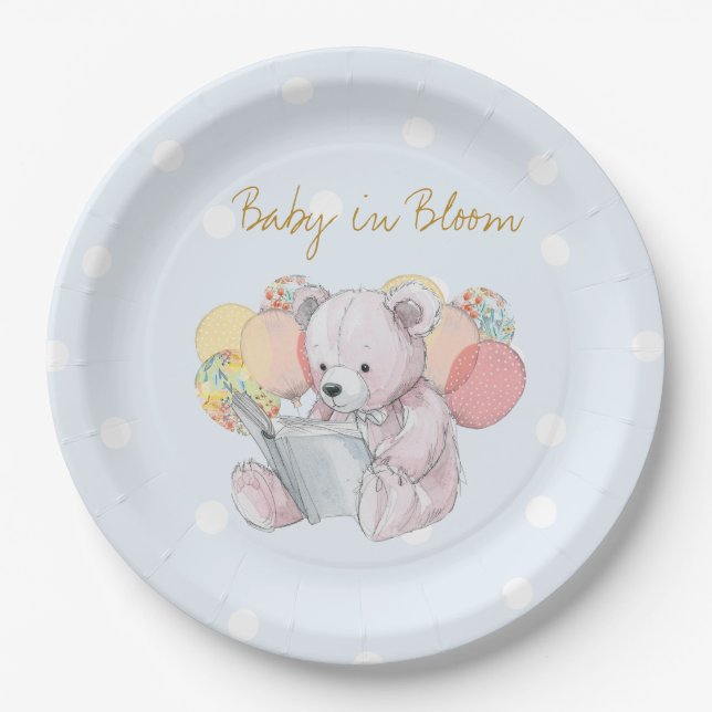 Teddy Bear reading a book Baby in Bloom Paper Plate (Front)