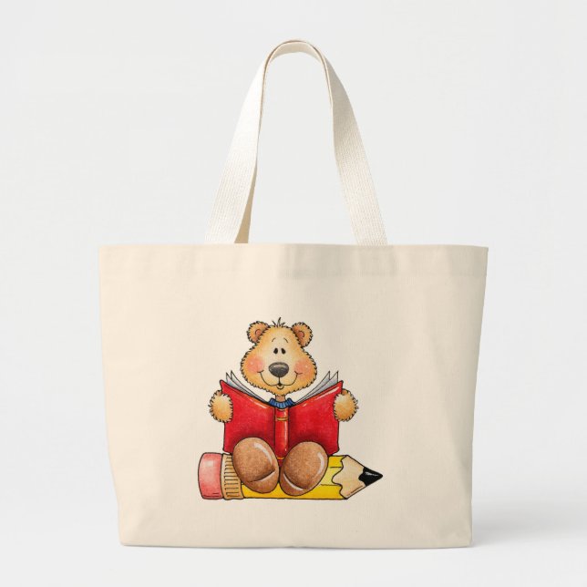Teddy Bear Reading Large Tote Bag (Front)