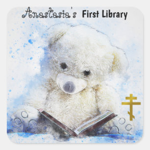 Teddy Bear Reading Orthodox Christian Bookplate Square Sticker