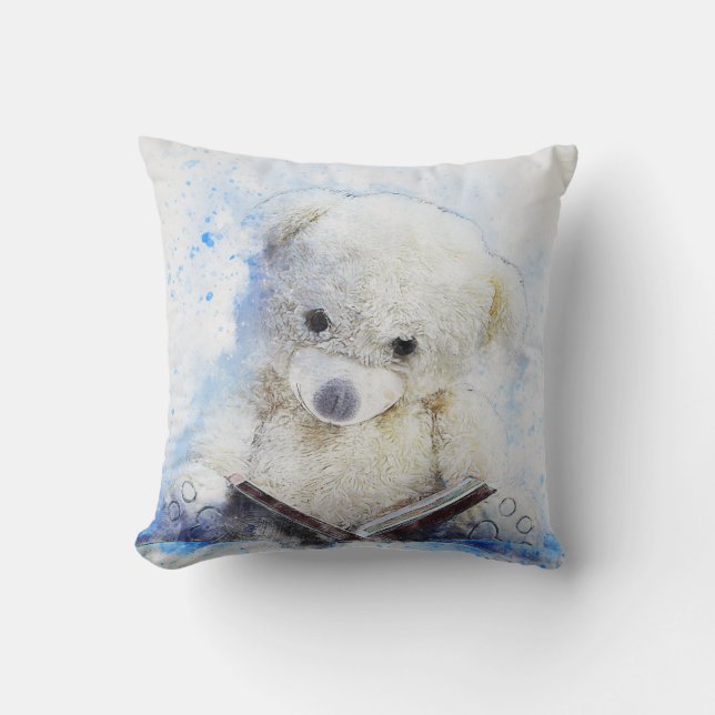 Teddy Bear Reading Throw Pillow (Front)