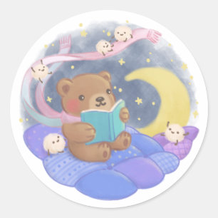 Teddy Bear Reading w/ Fluffy Monsters Illustration Classic Round Sticker