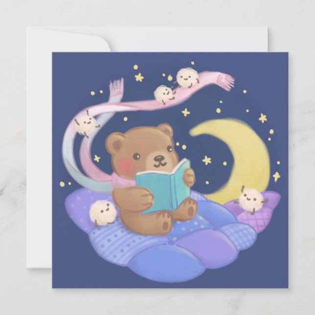 Teddy Bear Reading w/ Fluffy Monsters Illustration Invitation (Front)