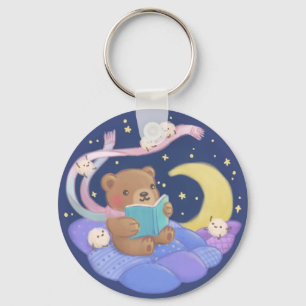 Teddy Bear Reading w/ Fluffy Monsters Illustration Keychain