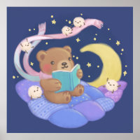 Teddy Bear Reading w/ Fluffy Monsters Illustration