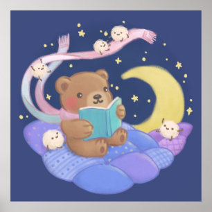 Teddy Bear Reading w/ Fluffy Monsters Illustration Poster