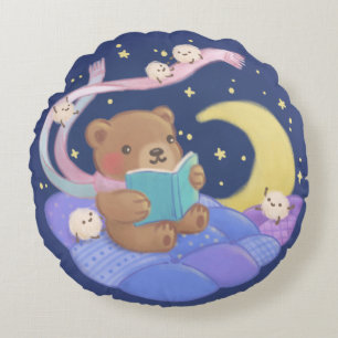 Teddy Bear Reading w/ Fluffy Monsters Illustration Round Pillow