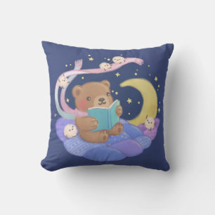 Teddy Bear Reading w/ Fluffy Monsters Illustration Throw Pillow