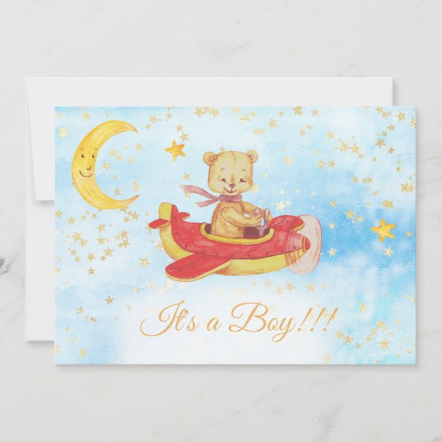 *~* Teddy Bear Red Plane Baby Stars Boy Shower Invitation (Front)