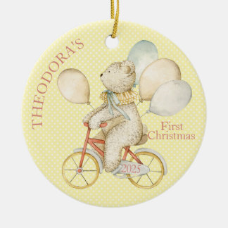 Teddy Bear Ride Bike Baby's First  Ceramic Ornament