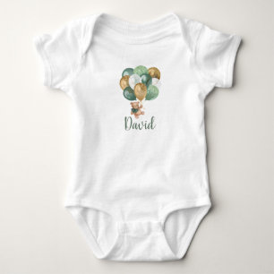 Teddy Bear Sage Green and Gold Balloons Baby Bodysuit