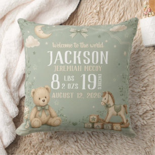 Teddy Bear Sage Green Baby Birth Stats  Throw Pillow