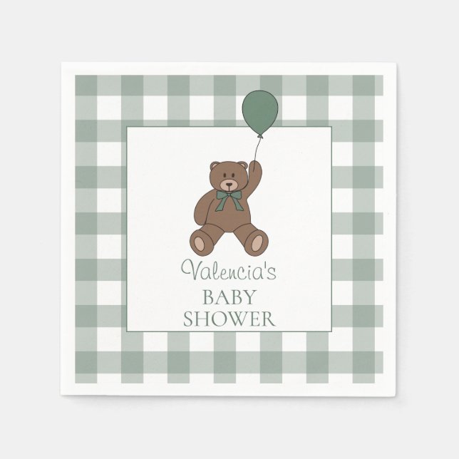 Teddy Bear Sage Green Baby Shower Napkin (Front)